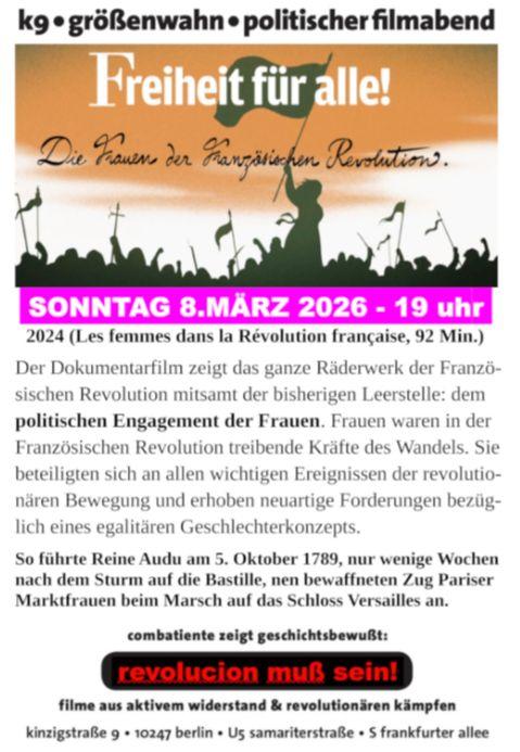 Der Flyer zum Film zeigt die Angaben aus dem Textbeitrag, grafisch hinterlegt mit einer stilisierten Silhouette einer Menge Menschen mit Fahnen und einer weiblichen Person im Vordergrund, die ebenfalls eine Fahne schwenkt