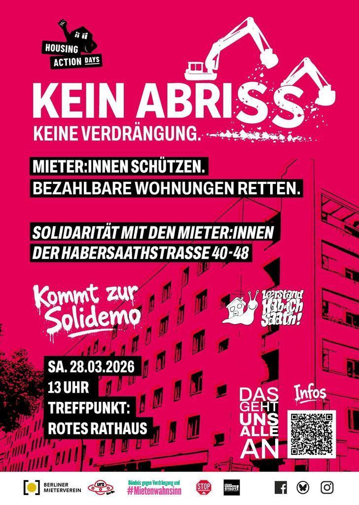 Das Plakat zeigt die Gebäude der Habersathstraße sowie stilisierte Abrissbagger sowie die Eckdaten zur Solidemo aus dem Textbeitrag. Dazu die unterstützenden Organisationen.