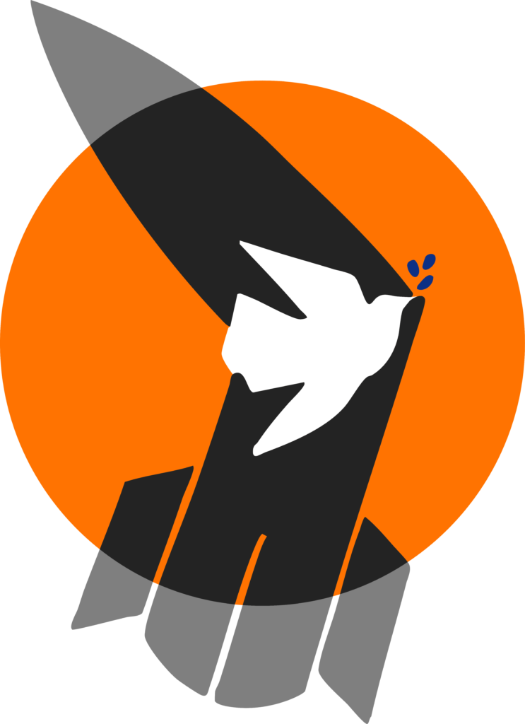 Das Logo der Kampagne zeigt eine weiße Friedenstaube, die vor einer zerbrochenen Rakete fliegt.