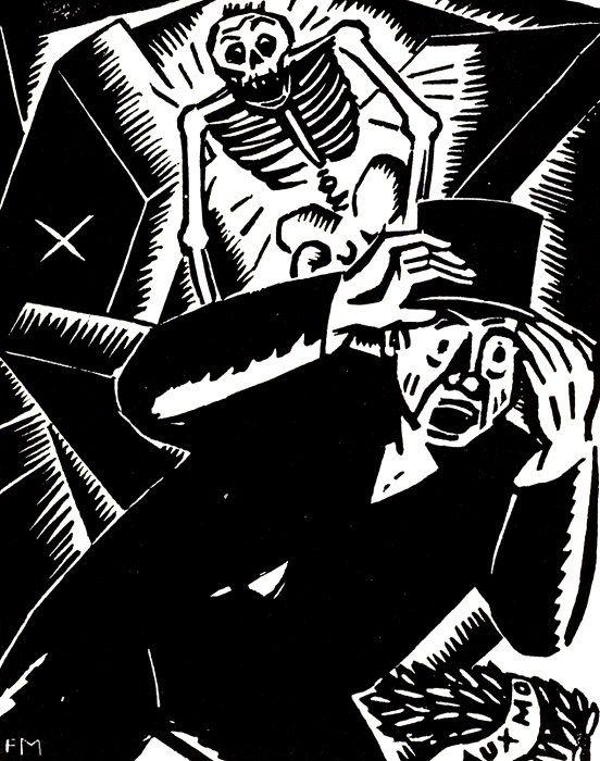 Frans Masereel's woodcut depicts a man wearing a top hat—a symbol of a wealthy man—fleeing from a skeleton rising from a coffin.