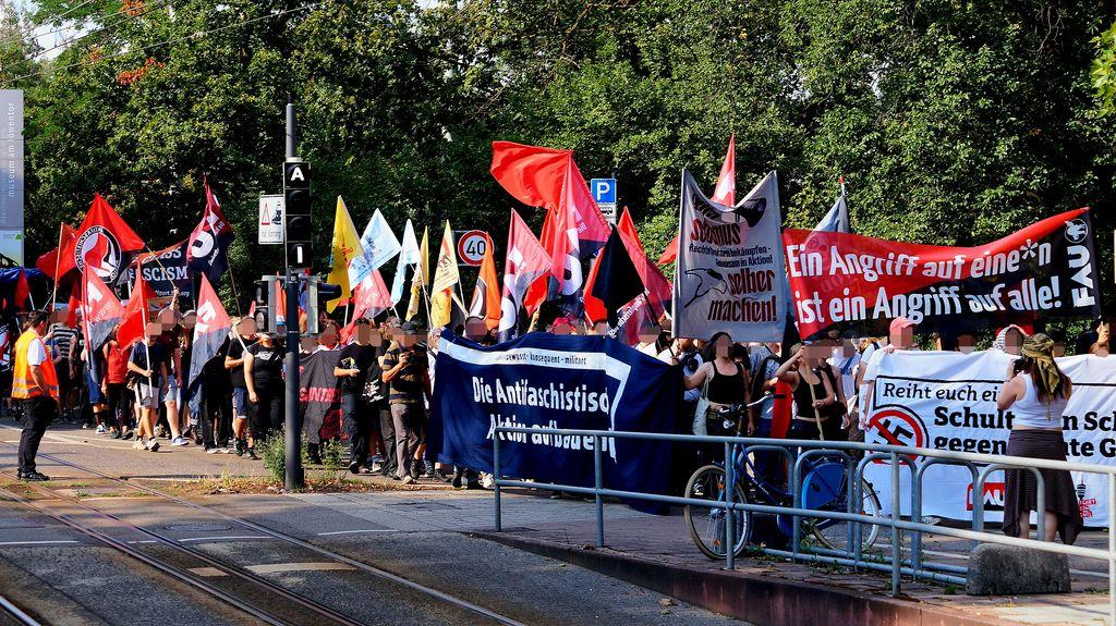 Seitenansicht der Demo mit Seitentranspis und vielen Fahnen