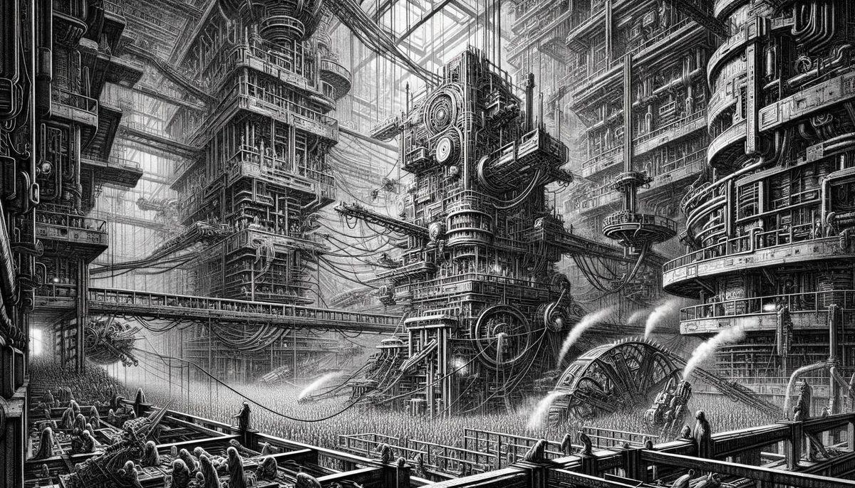 Das Bild zeigt eine dystopische, stark mechanisierte Fabriklandschaft im Stil der Science-Fiction, die von massiven, komplizierten Maschinen und einer riesigen Menschenmenge geprägt ist.<p>Industrielle Architektur: Gigantische, detailreiche Maschinen, Rohre und turmartige Fabrikgebäude im Schwarz-Weiß-Stil.<p>Massen an Arbeitern: Eine unübersehbare Menge an kleinen menschlichen Figuren drängt sich im unteren Bereich der Anlage.